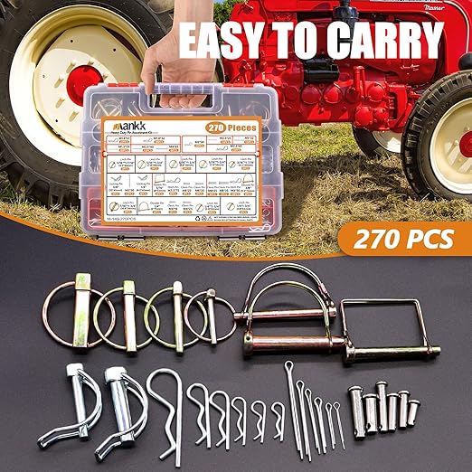 mankk 270PCS Heavy Duty Hitch Pins Clip Pins 3 Point Assortment Kit Tractor Pins Linch Pins PTO Pins R Clip Pins Hair Pins,for Farm Tractors Trailers Trucks Attachments Lawn Mowers