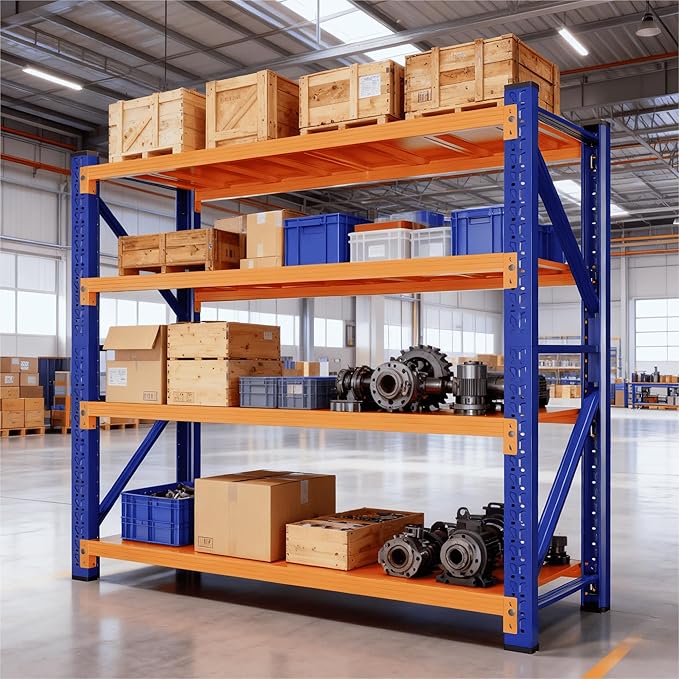 4-Tier Storage Shelves,79" H Heavy-Duty Garage Shelving Unit,Adjustable Metal Industrial Shelf System,3,500lbs Capacity,Tool Organizer for Garage,Workshop,48" W x 20" D x 79" H,Blue&Orange