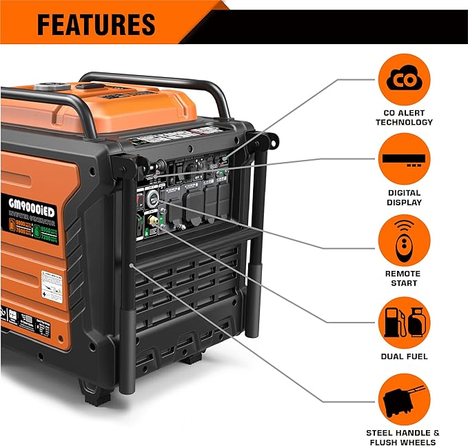 GENMAX Portable Generator, 9000W Super QuietDual Fuel Portable Engine with Parallel Capability, Remote/Electric Start, Ideal for Home backup power.EPA Compliant (GM9000iED)