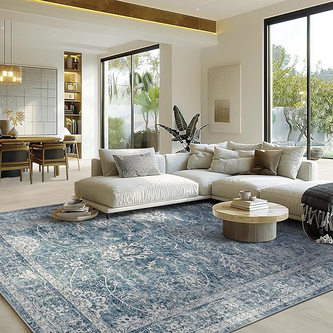 Madane Washable 6x9 Area Rugs for Living Room, Vintage Rug with Non-Slip Backing, Soft Stain Resistant Throw Rugs Thin Carpet for Bedroom Dining Room Farmhouse (6 x 9, Cadet Blue)