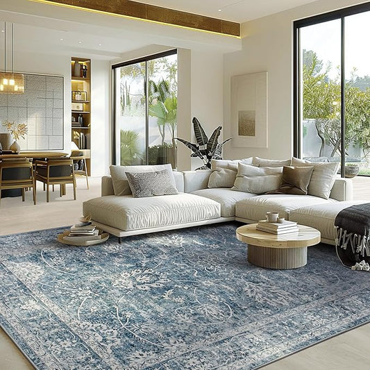 Madane Washable 6x9 Area Rugs for Living Room, Vintage Rug with Non-Slip Backing, Soft Stain Resistant Throw Rugs Thin Carpet for Bedroom Dining Room Farmhouse (6 x 9, Cadet Blue)