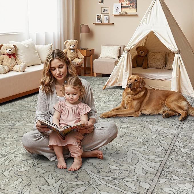 Collive 8x10 Area Rugs for Living Room, Washable Neutral Hand-Painted Floral Bedroom Rug, Vintage Distressed Non Slip Low Pile Large Carpet, Soft Retro Dining Room Office Rug, Taupe