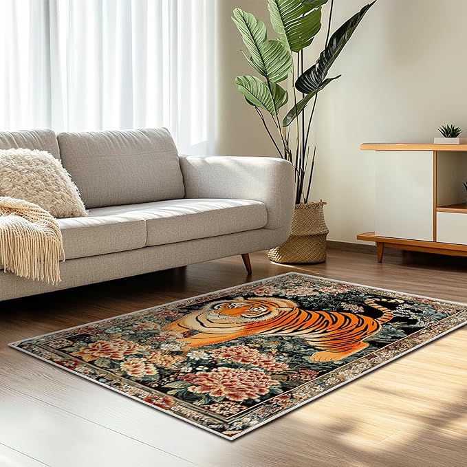 3x5 Tiger Rugs Boho Floral Flower Tiger Rug for Bathroom Kitchen Entryway Indoor Soft Non-Slip Thin Hippie Carpet Small Doormat for Office Dining Room Under Table Washable Machine