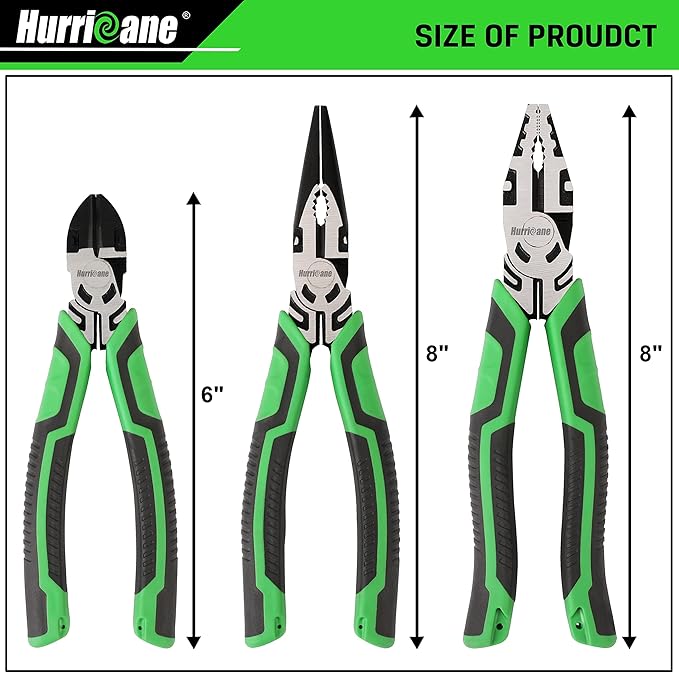HURRICANE 3-Piece Pliers Set - Heavy-Duty with 8-Inch Linesman, Needle Nose Pliers and 6-Inch Diagonal Cutters for Basic Repair