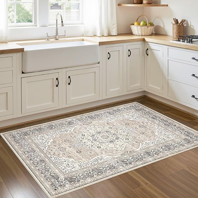 3x5 Washable Entryway Rug: Non-Slip Soft Indoor Throw Area Rug for Living Room Bedroom Kitchen, Boho Floral Distressed Durable Carpet for Hallway Bathroom Laundry Home Decor (Camel/Beige)