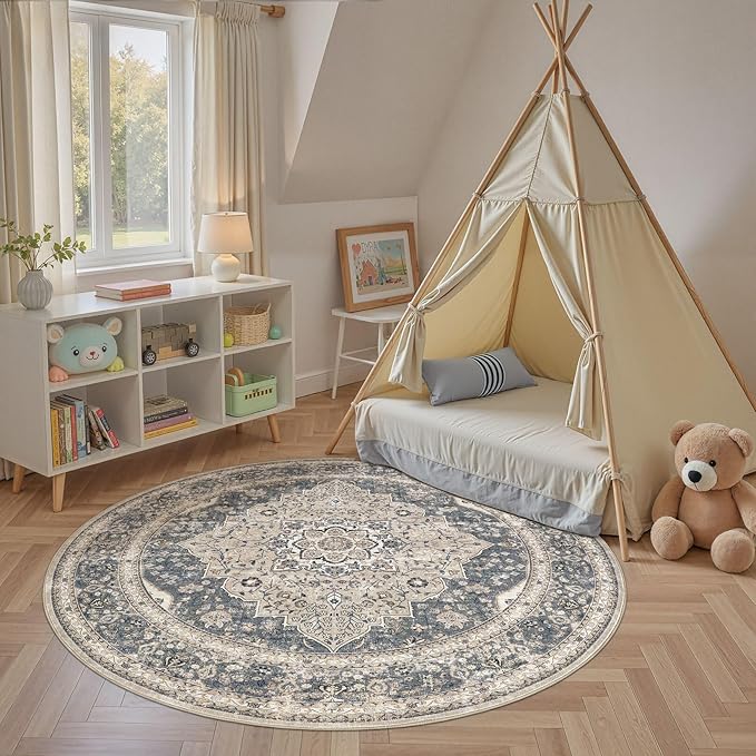 Washable 5 Ft Round Area Rug - 5x5 Area Rugs for Living Room Bedroom Dining Room Home Office Floor Decor- Vintage Floral Stain & Fade Resistant Non-Slip Backing Carpet(Blue/Beige)