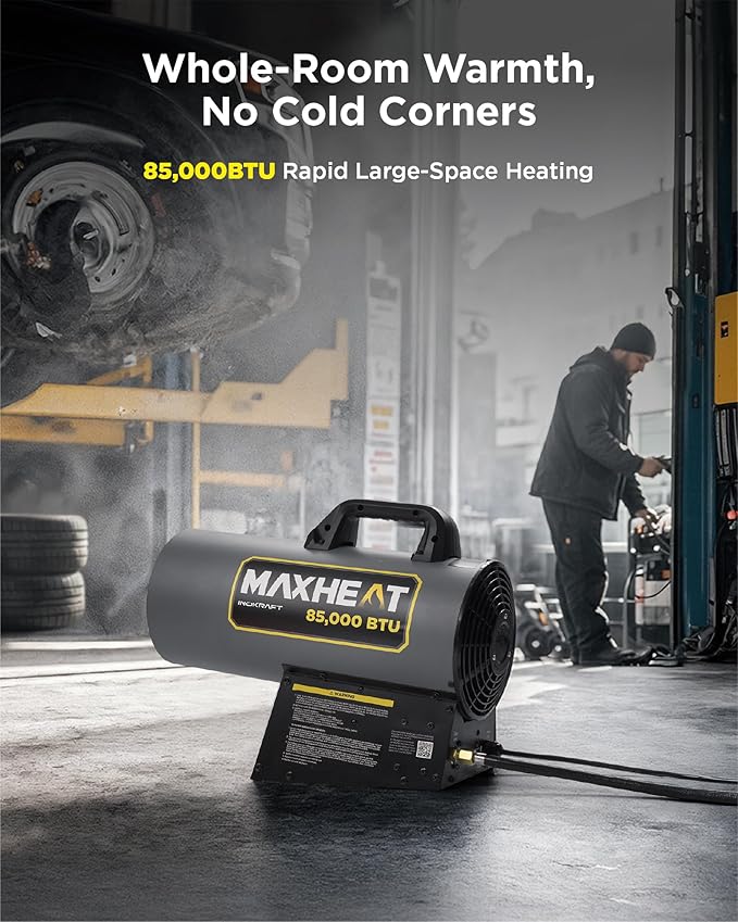 InoKraft Maxheat MH85 85,000 BTU Forced Air Propane Heater, Auto 25-95℉ On/OFF Control, Portable Garage/Shop Heater for Garages, Job Sites - 10ft Hose
