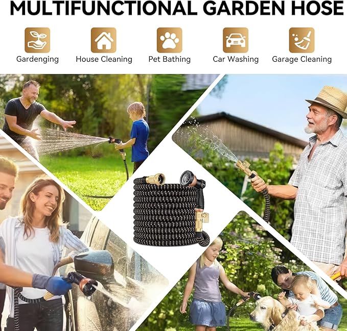 50 ft Expandable Garden Hose - Kink Free Flexible Water Hose with Thumb-Controlled 10-Function Nozzle, 3/4 Solid Brass Connectors, Retractable Latex Core - Lightweight Expanding Hose