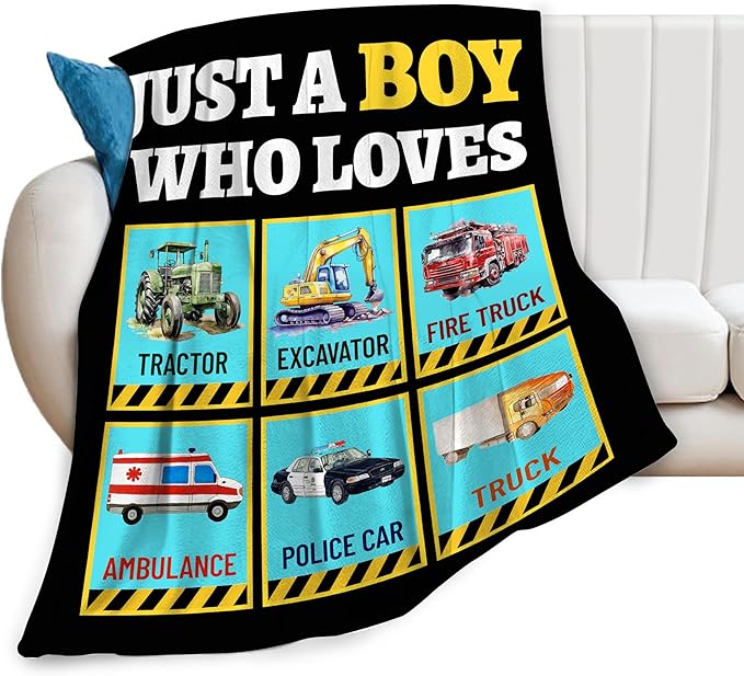 Just a Boy Who Loves Truck Blanket Soft Car Excavator Fleece Throw Blanket Tractor Flannel Plush Bedding Stuff Decor Blankets Gifts for Lover Girls Boys Kids Women Adults Bed Travel 50"x60"