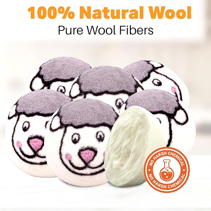 Wool Dryer Balls 6-Pack 100% Natural New Zealand Wool, Handmade in Nepal Reusable Laundry Balls, Faster Drying, Softer Clothes, Anti-Static, Dryer Sheets Alternative (Sheep)