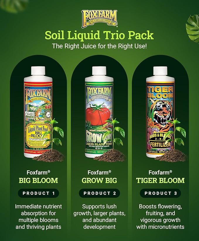 FoxFarm Fertilizer Soil Trio Liquid Nutrient: Tiger Bloom, Grow Big, Big Bloom Bottles - (Pack of 3-1 Pint)