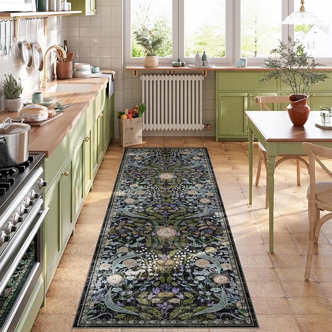 AMTOVO 2.7x8 Runner Rug for Hallway, Washable Non-Slip Long Kitchen Carpet, Floral Vintage Distressed Floor Mat for Hallways Entryway Living Room Laundry Room Bathroom Farmhouse, Black
