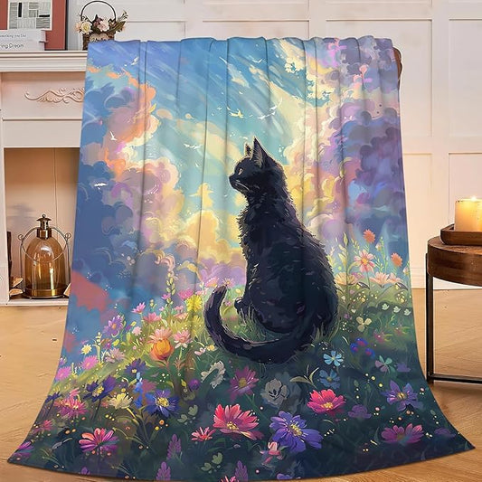 Cute Black Cat Throw Blanket Anime Cat Flannel Blankets Wild Landscape Fuzzy Plush Super Soft Cozy Warm Decor Gifts for Boys Girls Kids Adults Men Women 50" x 60"