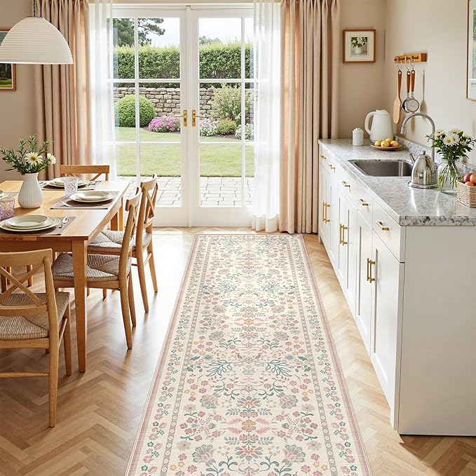 3x10 Runner Rug for Hallways Kitchen: 3x10 Washable Area Rug Boho Floral Soft Long Rug - Non-Slip Low Pile Throw Indoor Carpet for Entryway Kitchen Bedroom Laundry Bathroom- Pink