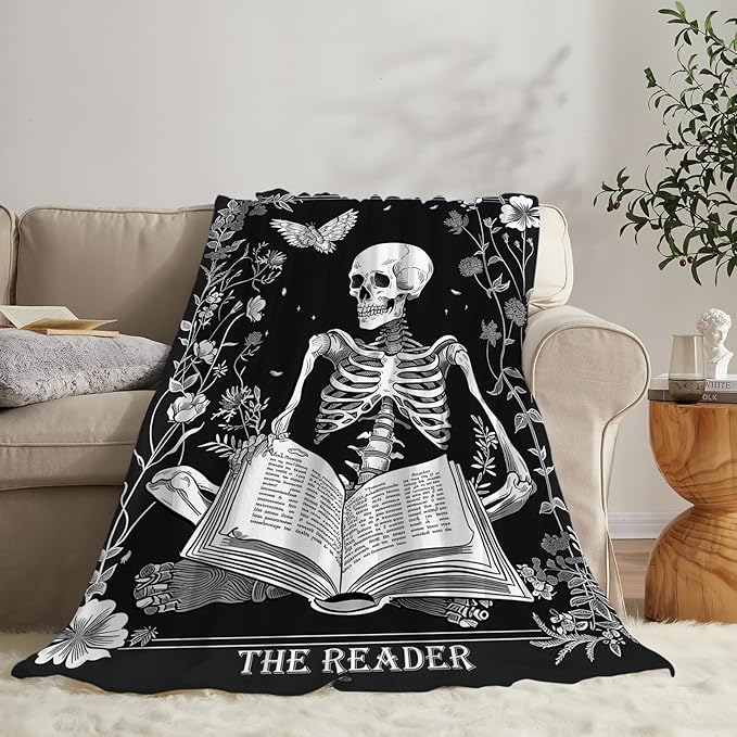 Reading Throw Blanket Ultra Soft Cozy Funny Skeleton Read Book Blanket Fleece Fuzzy Plush Skull Reading Lovers Reader Librarian Decor Gifts for Women Girls Adults Couch Sofa 50"x40"