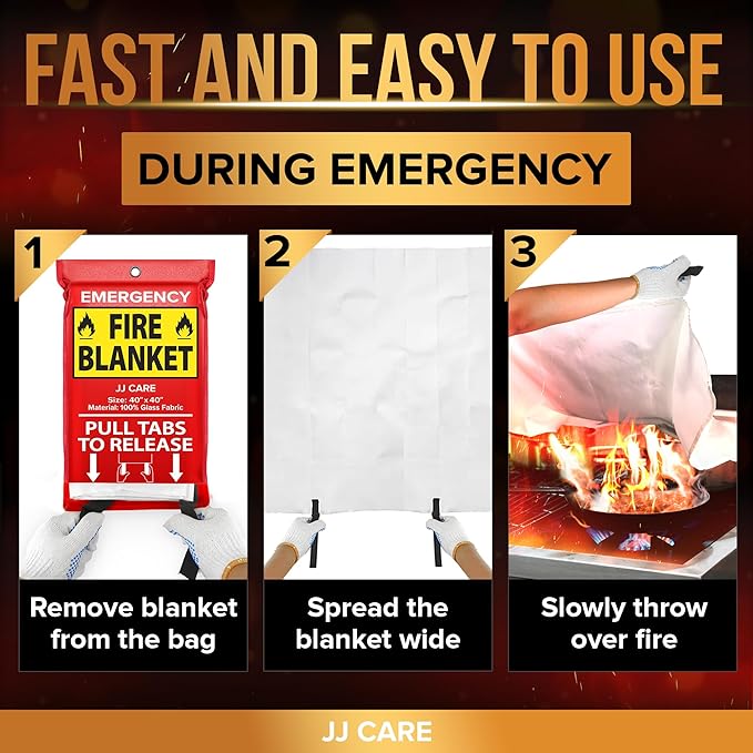 JJ CARE Fire Blanket – 9 Packs with Hooks and Gloves – 40” x 40” Fire Blankets Emergency for Home and Kitchen, High Heat Resistant and Flame Protection for Kitchen, Car, Office, Camping & Home Safety