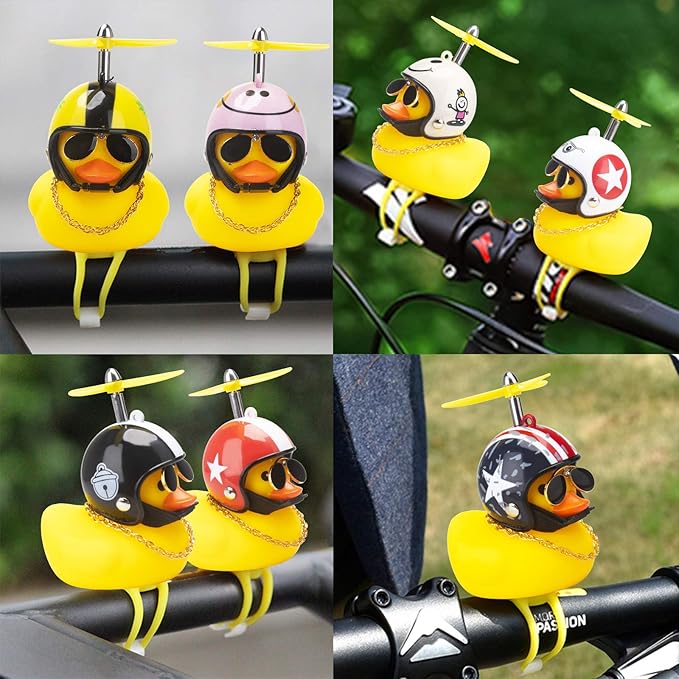 wonuu Rubber Duck Toy Car Ornaments Yellow Duck Car Dashboard Decorations Squeeze Duck Bicycle Horns with Propeller Helmet