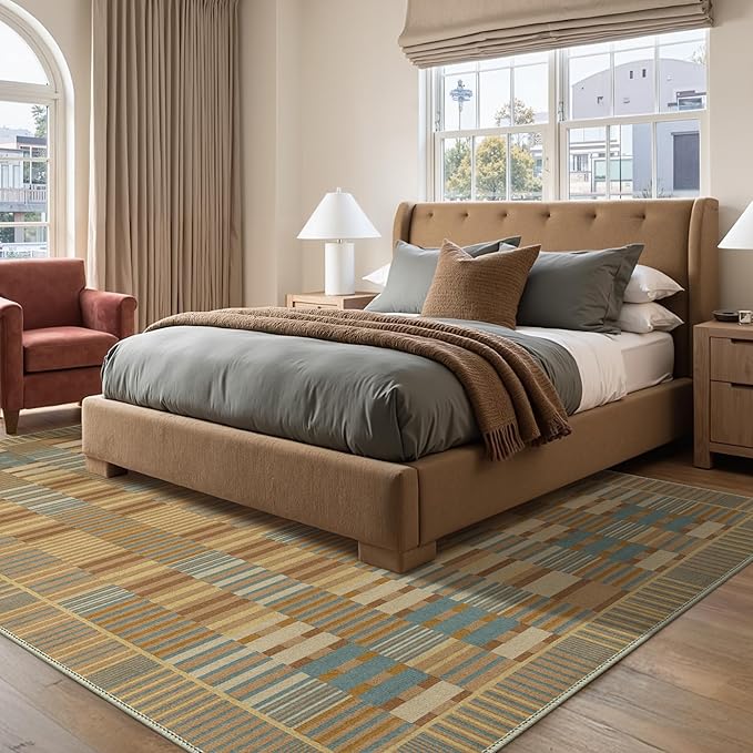 GENIMO Machine Washable 5x7 Area Rugs for Living Room, Non Slip Vintage Rugs, Low Pile Lightweight Chenille Print Rug for Bedroom, Dining Room, Home Office, Brown Clay