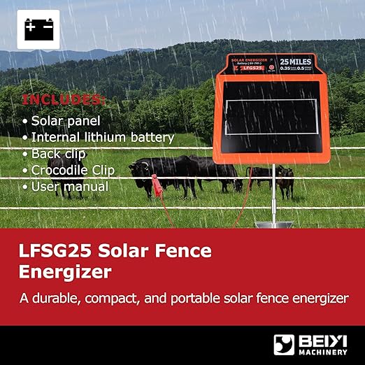 LFGS25 Solar Electric Fence Charger, 25 Miles Solar Charger,0.5J Portable Powered Charger with Day or Night Mode for Livestock, Cattle Sheep, Pigs, Horses
