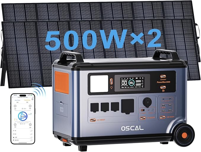 OSCAL 6000W(Peak 9000W) Portable Power Station with 2x500W Solar Panel,Dual 120V/240V Solar Generato,3600WH EV-Grade LiFePO₄ Battery,4×6000W AC Outlets,2200W 1.96H Fast Charge,for Home Backup,RV.