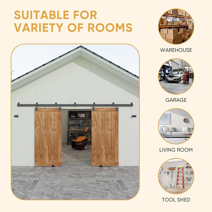 JUBEST 12FT Box Rail Exterior Barn Door Hardware Kit, Heavy Duty Sliding Door Track Kit Wall Mount Door Hardware Kit for Two Doors System(Doors Not Included), Black