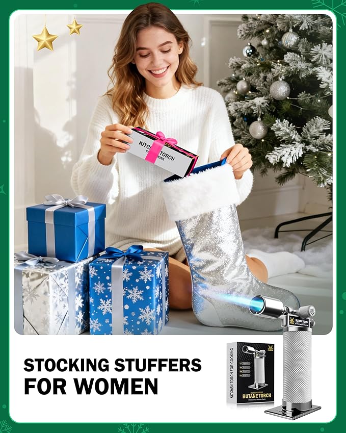 RAVS Butane Torch Lighter Refillable, White Kitchen Torch with Adjustable Flame, Creme Brulee Torch for Baking, Welding, Christmas Stocking Stuffers Gifts for Women, Cooking Torch Butane Not Included