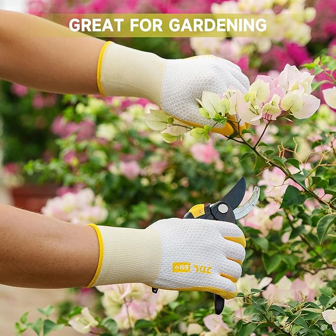 JDL Gardening Gloves for Women, 2 Pairs Breathable Latex Coated Yard Garden Gloves, Rubber Outdoor Protective Work Gloves with Grip, Yellow, Large Size