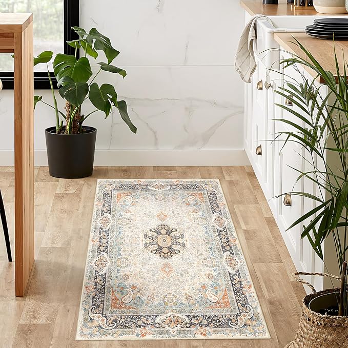 Small Rugs 2x3,Vintage Rug for Entryway Bathroom Bedroom Kitchen Entrance Doormat,Boho Bohemian Distressed Washable Accent Floor Throw Carpet Non Slip,Retro Blue Grey Floral