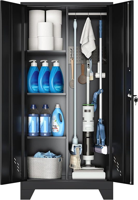 61" Broom Closet Storage Cabinet, Metal Storage Cabinet with Doors, Utility Cabinets for Brooms and Mops, Cleaning Tool Cabinets for Garage, Laundry Room, Bathroom
