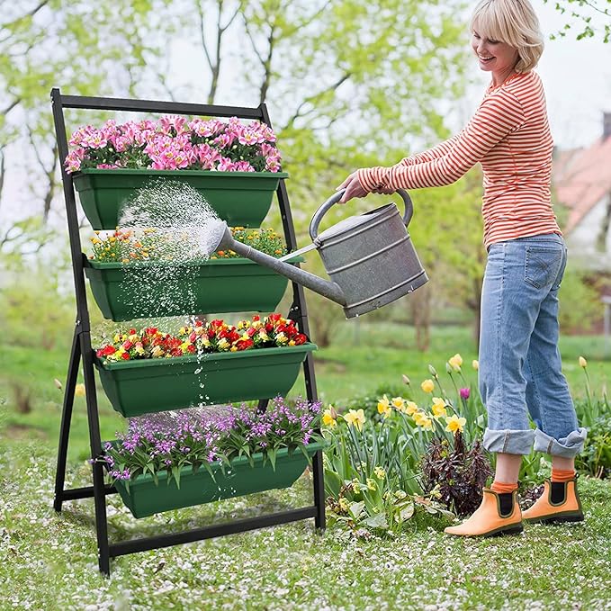 Vertical Raised Garden Bed, Freestanding Elevated Planter with Drain Holes, 4 Tier Planter Box Container Gardening Outdoor Indoor Gift for Flowers Vegetable Seeds Patio Balcony Greenhouse, Green