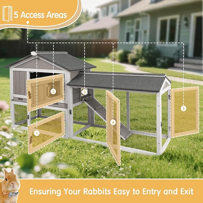 Rabbit Hutch Indoor Outdoor 57 "L Bunny Hutch with Pull Out Tray,2 Story Wooden Rabbit Cage with Asphalt Roof,Guinea Pig Cage with Ventilation Doors,Ramp for Small Animals(Grey)