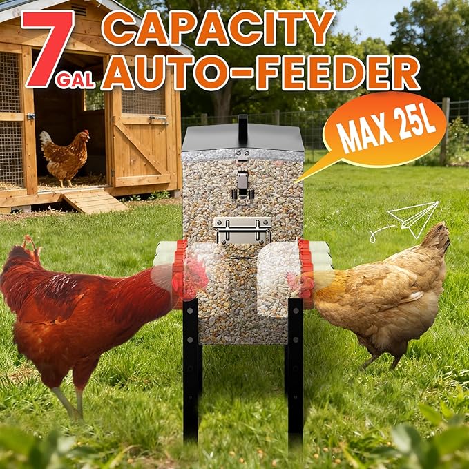 7gal Large Automatic Chicken Feeder - 35LB Capacity 6 Port No Waste Poultry Feeder, Rust-Proof Alloy Steel with Locking Lid & Adjustable Legs for Chickens, Ducks, Geese, Poultry