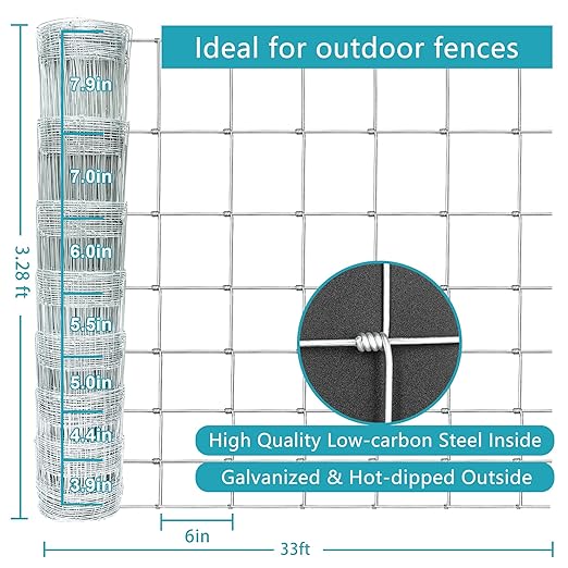 Farm Fence 40in x 33ft Galvanized Field Wire Fencing,Heavy Zinc Coating Cattle Fence,Deer Fence,Goat Fence,Hog Wire Fence for Yard Garden & Animals Protection