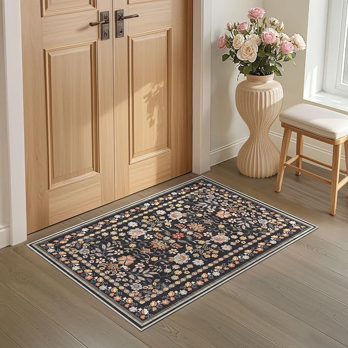 Door Mat Entrance Rug: 2x3 Washable Area Rug Boho Floral Small Rug - Non-Slip Low Pile Throw Indoor Carpet for Entryway Kitchen Front Door Bathroom Entry Kids Room - Black Grey