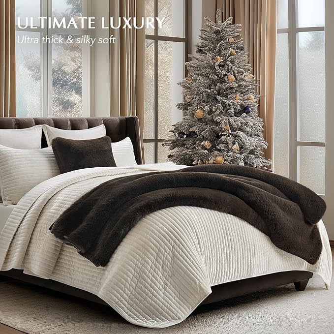 EVERGRACEHOME Luxury Soft Faux Chinchilla Fur Throw Blanket for Couch, Warm Thick Heavy Winter Throw Blanket 1220GSM for Bed, Fluffy Cozy Mink Blanket with Reversible Velvet, Espresso Mink, 60"x80"