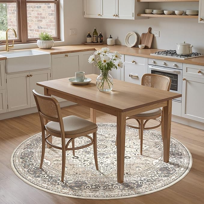 Washable 5 Ft Round Area Rug - 5x5 Area Rugs for Living Room Bedroom Dining Room Home Office Floor Decor- Vintage Floral Stain & Fade Resistant Non-Slip Backing Carpet (Camel/Beige)