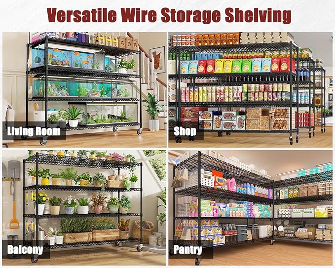 PrimeZone 60" W x 24" D x 76" H Heavy Duty Wire Storage Shelves with Wheels, 4 Tier Adjustable NSF Certified Garage Shelving Unit, Rolling Metal Organizer Shelf Utility Rack for Warehouse, Pantry