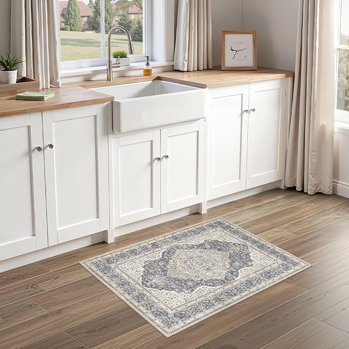 2x3 Washable Entryway Rug: Non-Slip Soft Indoor Throw Small Vintage Floral Area Rug for Kitchen Bedroom, Low Pile Durable Carpet for Front Door Porch Floor Doormat Home Decor (Blue/Beige)