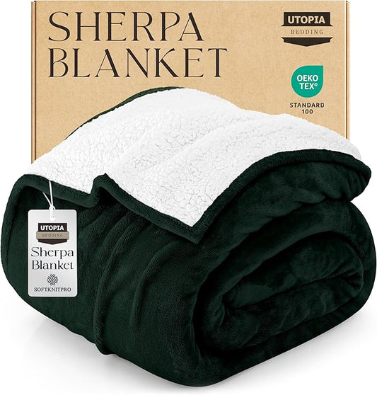 Utopia Bedding Sherpa Blanket Queen Size (Forest Green, 90x90 Inches) - Soft Lightweight Plush Fleece Reversible Blanket for Bed, Sofa, Couch, Camping and Travel