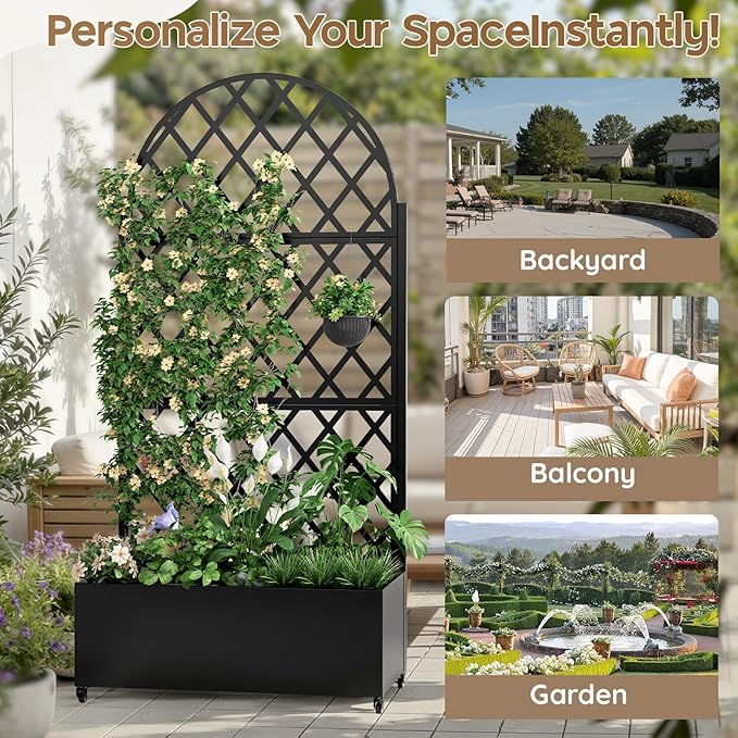 Metal Planter with Trellis& Wheels 72" x 35"x 15.7" Raised Garden Bed with Trellis,Privacy Planters for Patio,Garden Bed for Climbing Plants,Suitable for Climbing Plants and Vegetables,Black