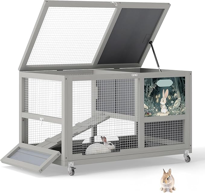 COZIWOW 36.5-Inch Double-Decker Wooden Rabbit Hutch with Wheels, Featuring A Cleaning Tray and Ladder—Stylish and Easy to Assemble（Grey and Pattern）