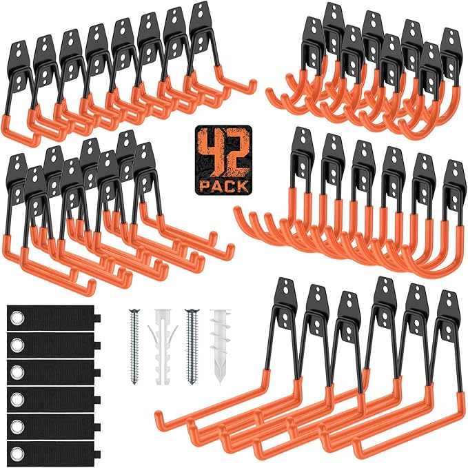 Garage Hooks with Anti-Slip Coating,Heavy Duty Wall Mount Storage Hooks for Hanging Bike,Hose,Ladder,Yard,Garden Tools (42 Pack Orange)