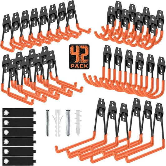Garage Hooks with Anti-Slip Coating,Heavy Duty Wall Mount Storage Hooks for Hanging Bike,Hose,Ladder,Yard,Garden Tools (42 Pack Orange)