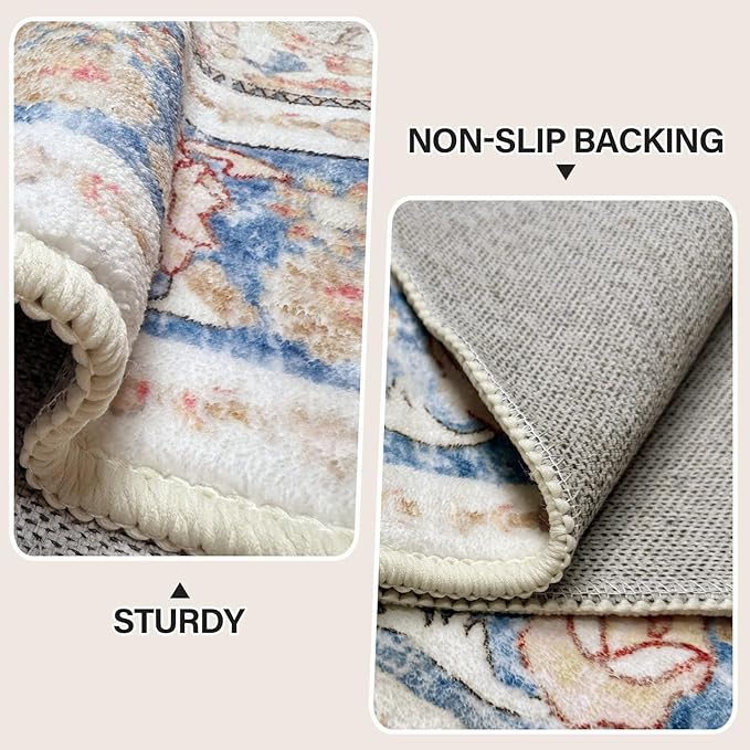 Vhong Boho Area Rugs Vintage Washable Modern Neutral Large Carpet Blue 8×10 High Traffic Rugs for Dinning Room Living Room Bedroom Farmhouse Non Slip