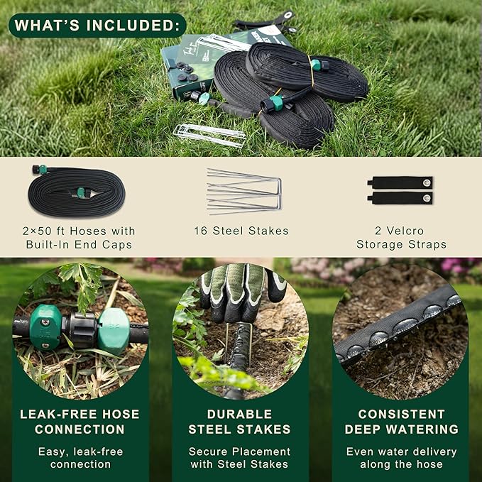 Soaker Hose 100+ ft Drip Hose with 16 Steel Stakes, 2 Storage Straps, Pre-Installed End Caps – Complete Irrigation System for Garden – Expandable Watering System Soaker Hoses