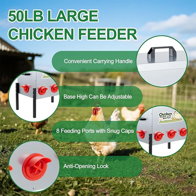 50 LB Automatic Chicken Feeder 8 Feeding Ports, No-Waste Poultry Feeder with Locking Lid and Adjustable Legs for Inside Chicken Coops Metal Automatic Poultry Feeders (Sliver, 50LB with 8 Ports)