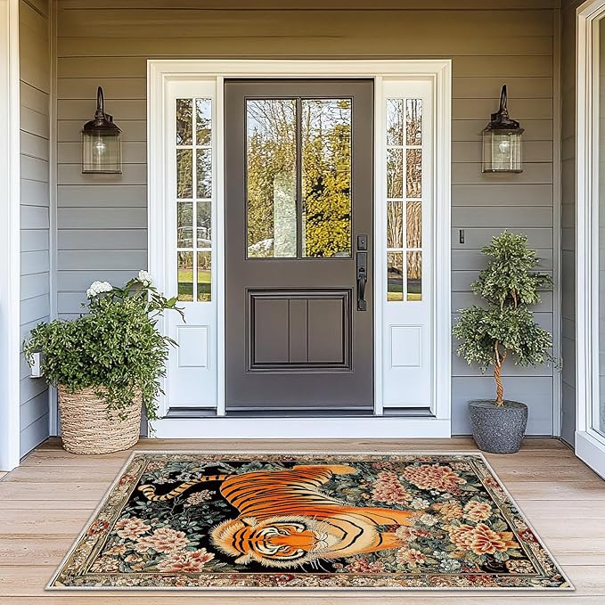 3x5 Tiger Rugs Boho Floral Flower Tiger Rug for Bathroom Kitchen Entryway Indoor Soft Non-Slip Thin Hippie Carpet Small Doormat for Office Dining Room Under Table Washable Machine