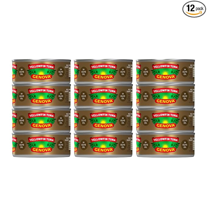 Genova Premium Yellowfin Tuna in Olive Oil, 5 Ounce Cans (Pack of 12), Wild Caught Canned Tuna, Solid Light