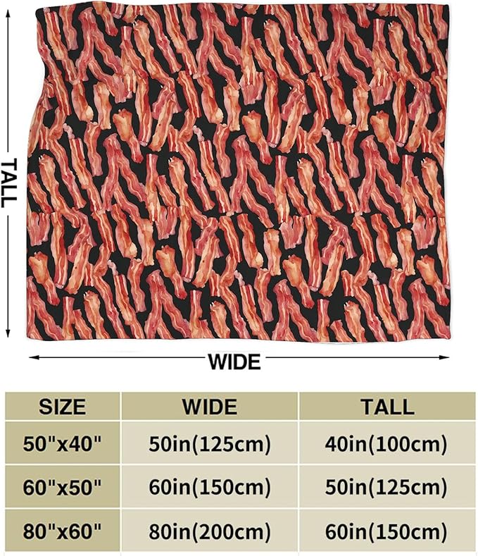 Funny Bacon Blanket, Food Throw Blankets, Meat Fuzzy Plush Blanket Ultra Soft for Bacon Lover Gift Kids Teens Women Men Girls Boys Stuff Decor for Home Bedding Sofas Couch Camping 80"X60"