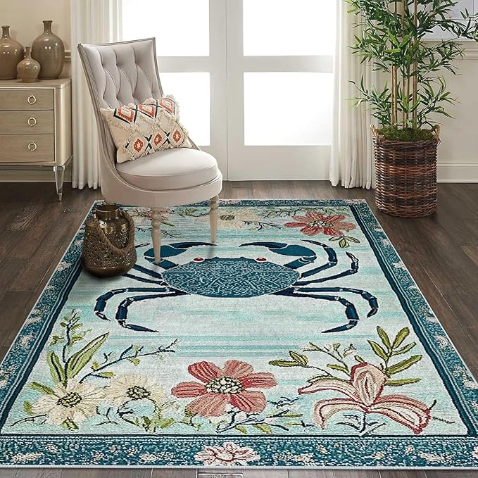 8x10 Crab Area Rugs Boho Teal Rug for Living Room Indoor Soft Non-Slip Thin Large Carpet Floral Flower Rugs for Bedroom Home Decor Under Table Washable Machine